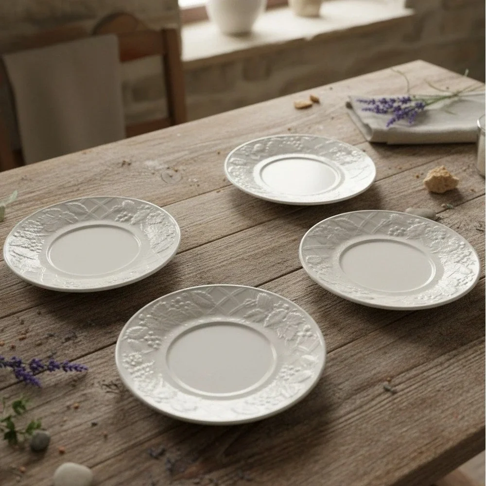 Mikasa English Countryside Saucers #DP900, Set of 4, Vintage‎ Embossed Stoneware